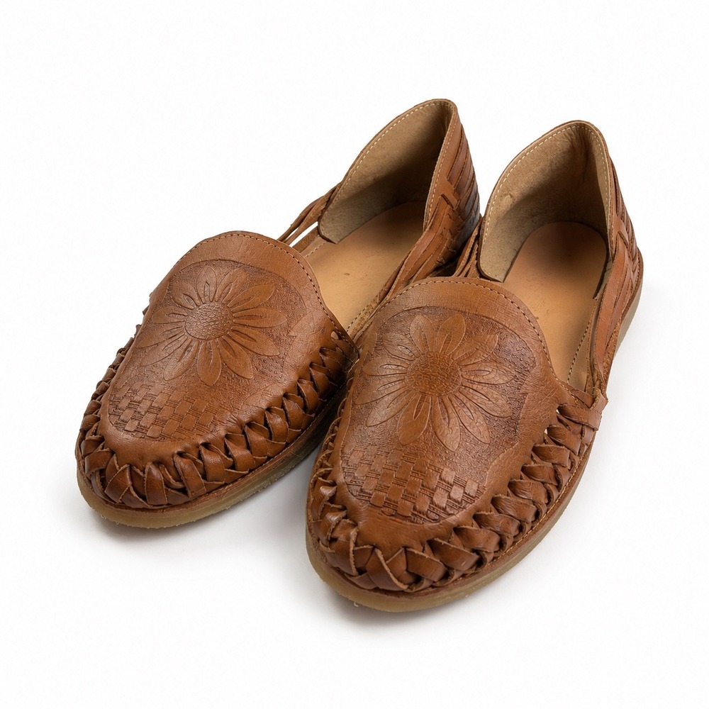 Vintage Mexican Y2K Brown Leather Woven Huarache Loafer Flats Women's Size 9-9.5